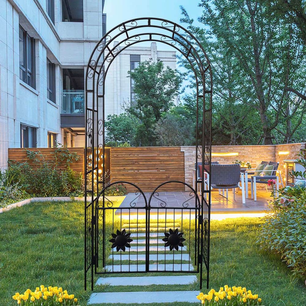 98 in. x 45 in. Metal Garden Arch with Gate, Durable Garden Arbor Trellis, 