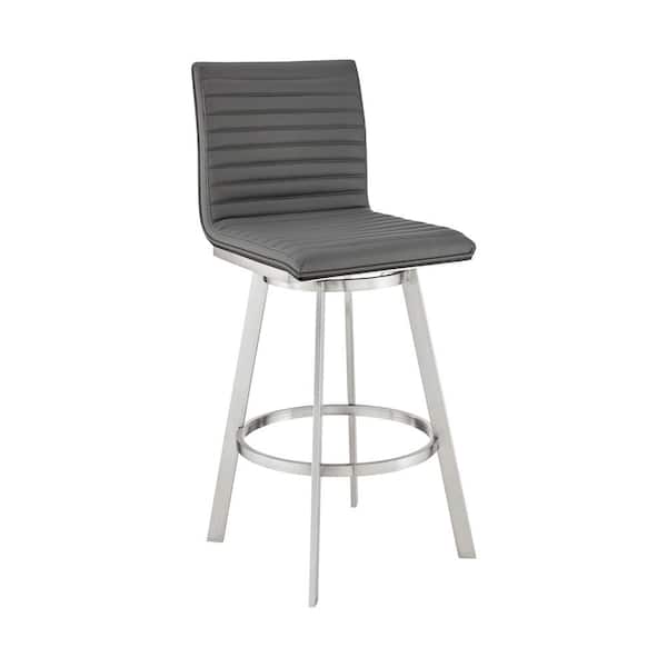 Armen Living Jermaine 26 in. Counter Height High Back Swivel Bar Stool in Brushed Stainless Steel and Grey Faux Leather