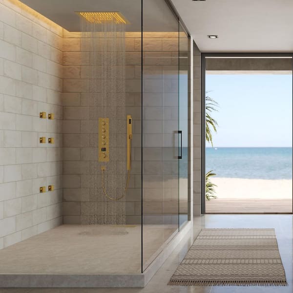 16 in. RGB LED And Temp 6-Jet Shower System 15-Spray with Anti Scald, Thermostatic Valve, Waterfall in Brushed Gold