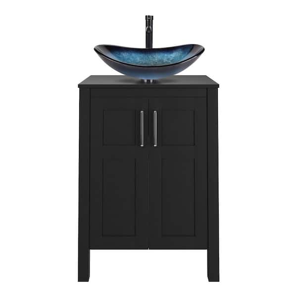 24 in. W x 19 in. D x 32 in. H Bath Vanity in Black with Black Solid Surface Top