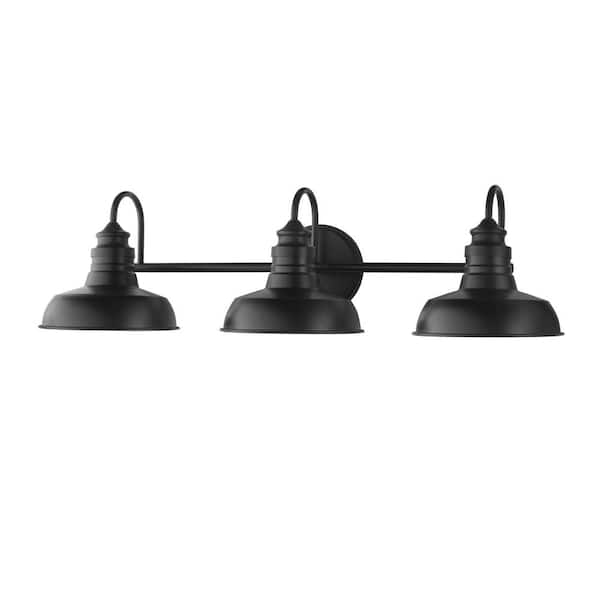 Elmcroft 29 in. 3-Light Matte Black Vanity Light with Metal Shades