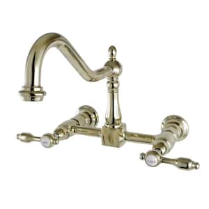 Tudor 2-Handle Wall Mount Kitchen Faucets in Polished Brass