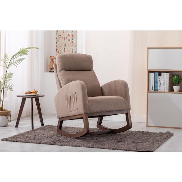 27 in. Camel Linen Rocking Chair, Modern Glider Recliner with Wood Legs and Side Pocket, High Back Nursery Armchair