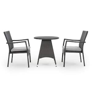 Gray 3-Piece Faux Rattan Round Outdoor Dining Set with Gray Cushion