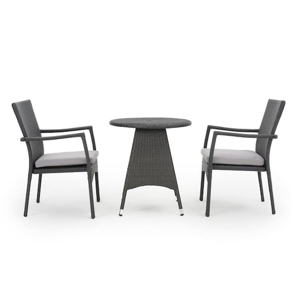 Noble House Gray 3-Piece Faux Rattan Round Outdoor Patio Dining Set with Gray Cushion