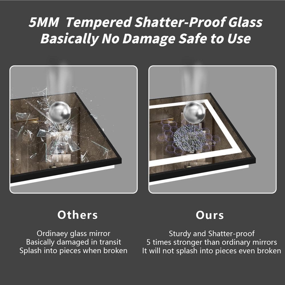 Matte Black LED Lighted Anti-Fog Tempered Glass Vanity Mirror, 60" x 28"