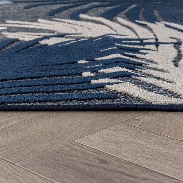 Floral Design Indoor/Outdoor High-Low Textured, Floral, Easy-Clean Patio Rug 8 ft. x 10 ft. Dark Blue Area Rug