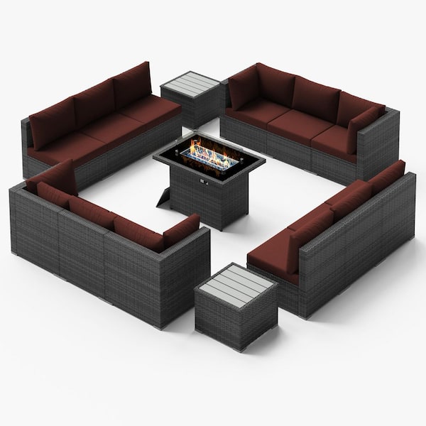 15-Piece Large Size Gray Wicker Patio Conversation Sofa Set with Dark Red Cushions Fire Pit Table and Coffee Tables