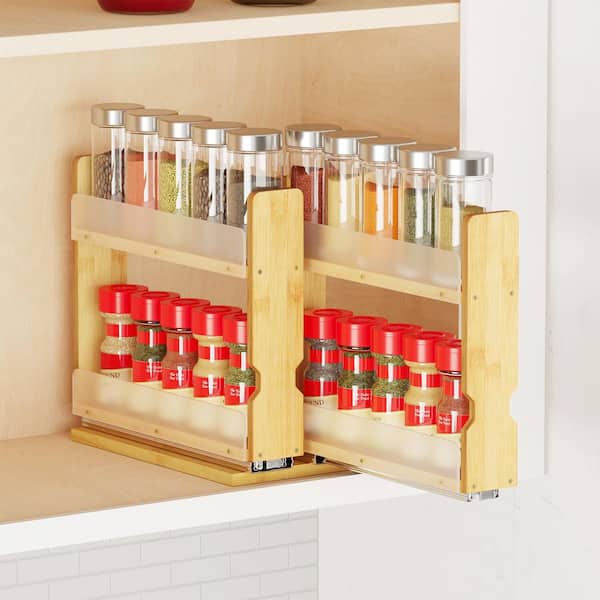 2-Tier 5.1 in. Bamboo Spice Rack Organizer with Pull Out for Cabinet, Kitchen Pantry, Seasoning Storage, Natural(2-Pack)