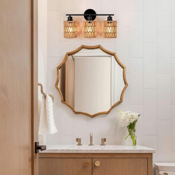 Nafissa 18.89 in. 3-Light Black Vanity Light Farmhouse Bathroom Light with Rattan Lampshades