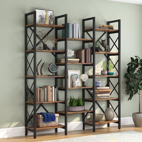 Tribesigns Brown Metal 12-Shelf Ladder Bookcase (39.37-in W x 70.86-in H x 11.81-in D) | HOGA-K0055