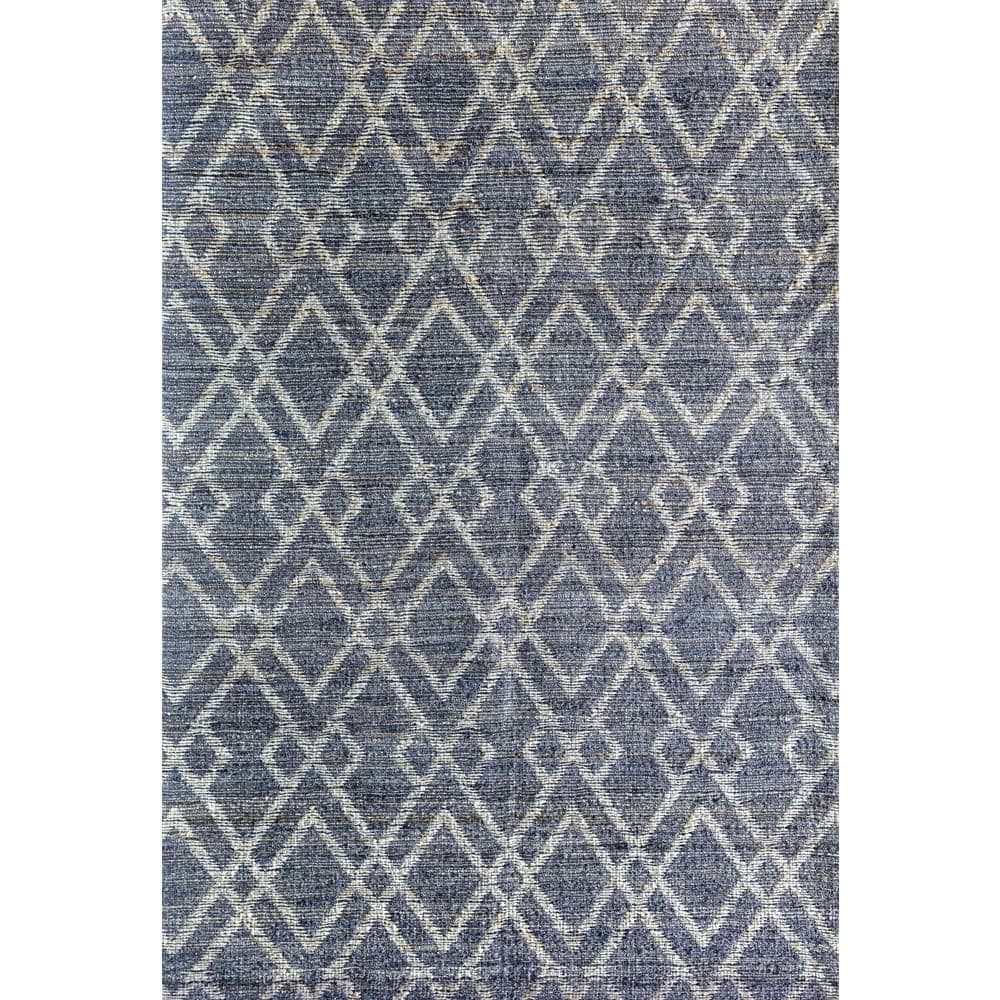 Handmade Blue and Cream Wool Diamond Pattern Area Rug 5' x 7'
