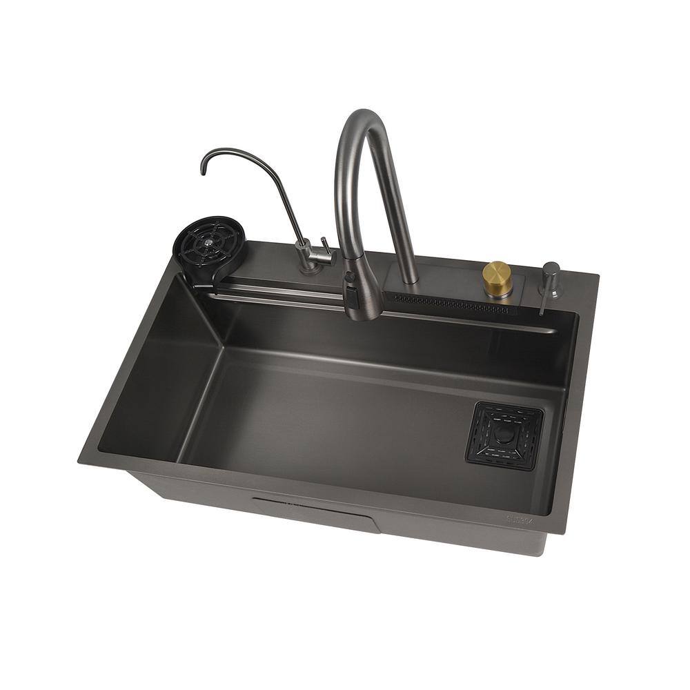 30" Black Stainless Steel Drop-In Single Bowl Kitchen Sink Workstation