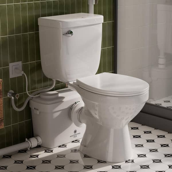 600W Macerating Toilet System, White Round Bowl Toilet 2-Piece 1.6 GPF Single Flush, 3-Inlets Upflush Pump for Basement