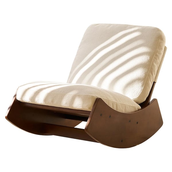 Unbranded Brown Wood Outdoor Rocking Chair with White Cushions, Glider Chair for Accent Reading Chair for Bedroom, Living Room