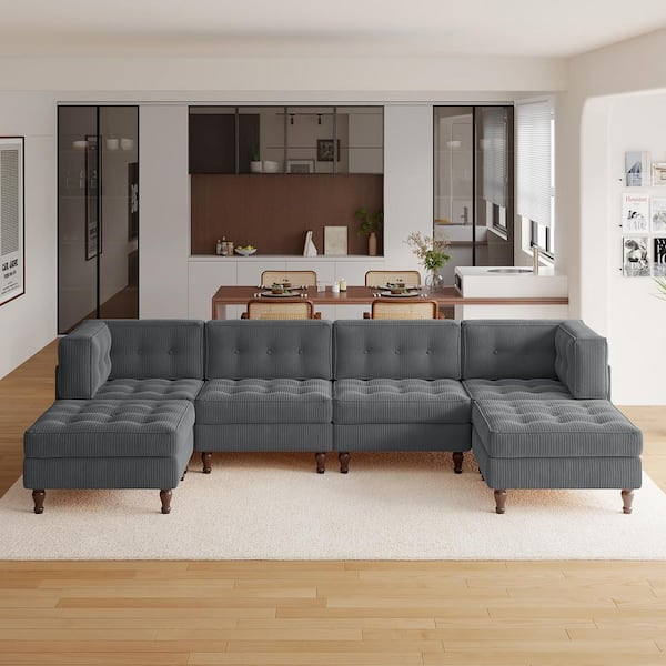 Uixe 130.8 in. Square Arm 6-piece Corduroy U-Shaped Sectional Sofa