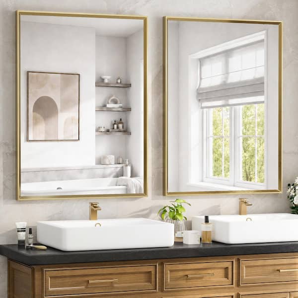 2 Pack 40 in. W x 30 in. H Modern Beveled Aluminum Frame Rectangular Wall Mirror, Brushed Gold