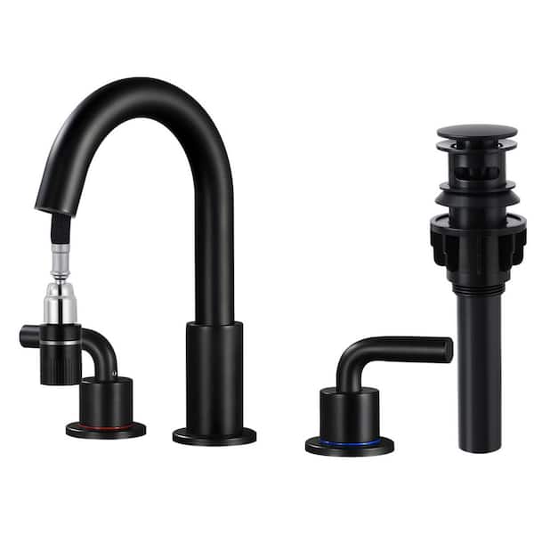 8 in. Widespread Double Handle Bathroom Faucet 3 Hole Pull Down Sink Faucet with Pop-Up Drain in Matte Black