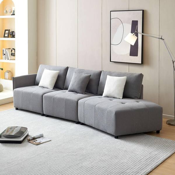 DESwan 120 in. Teddy Fabric Upholstered Sectional Sofa in. Gray with Toss Pillows