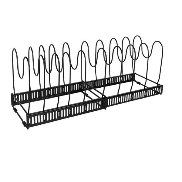 Black Adjustable Pot Rack with 13 Dividers, Cutting Board Holder, 6 Non-Slip Silicone Pads for Under-Cabinet Storage