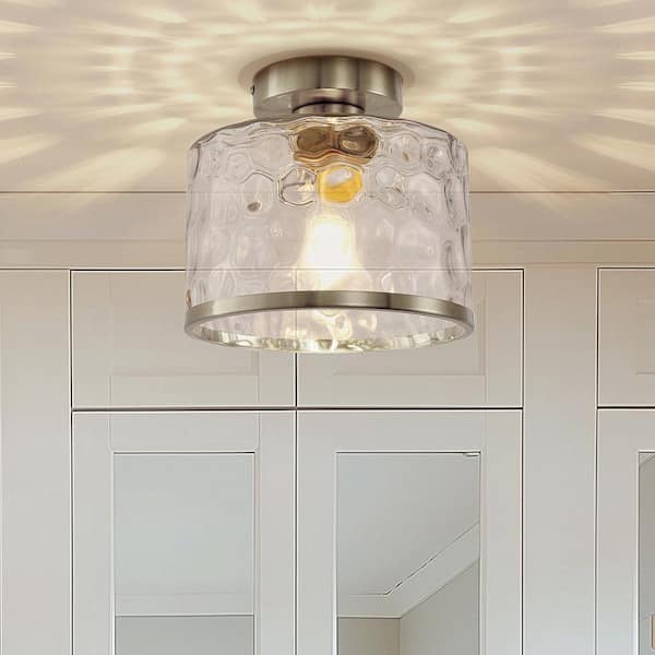 9 in. 1-Light Brushed Nickel Metal Semi-Flush Mount with Water Glass Shade for Hallway and No Bulbs Included 1-Pack