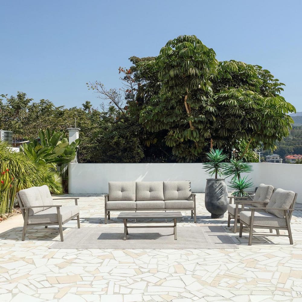 Gray Vintage 5-Piece Aluminum Outdoor Patio Conversation Sofa Set wtih Gray