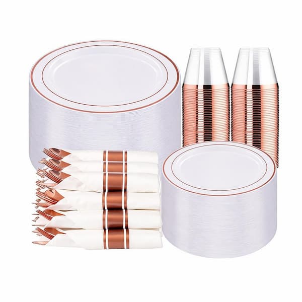 350-Piece Disposable Plastic Dinnerware Set with Rose Gold Plates, Silverware, Cups, and Napkins for 50