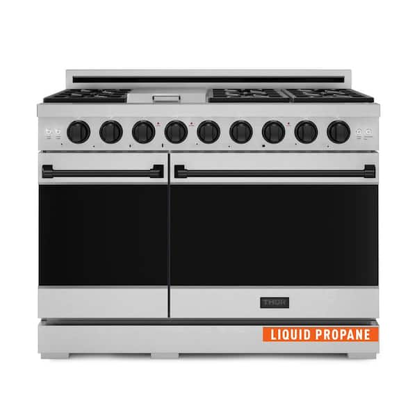 Gordon Ramsay Series 48 in. 6-Burners Double Oven Gas Range in SS/Matte Black with Convection and Grill in Propane