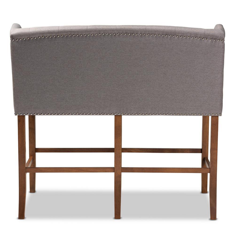 Gray Fabric Upholstered Walnut Wood Button Tufted Bar Stool Bench