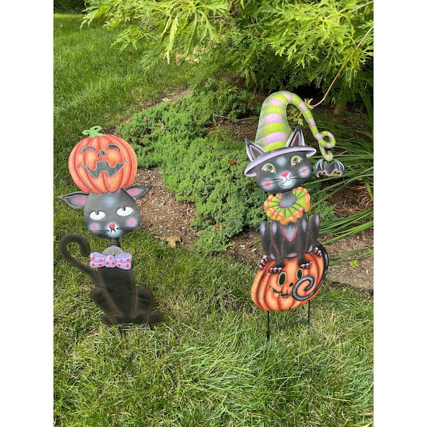 29 in. Metal Halloween Black Cat Yard Stake (Set of 2) 8313 - The