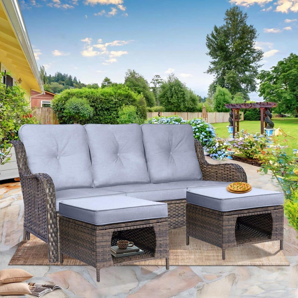DWIOM Brown 3-Piece Wicker Patio Conversation Seating Sofa Set