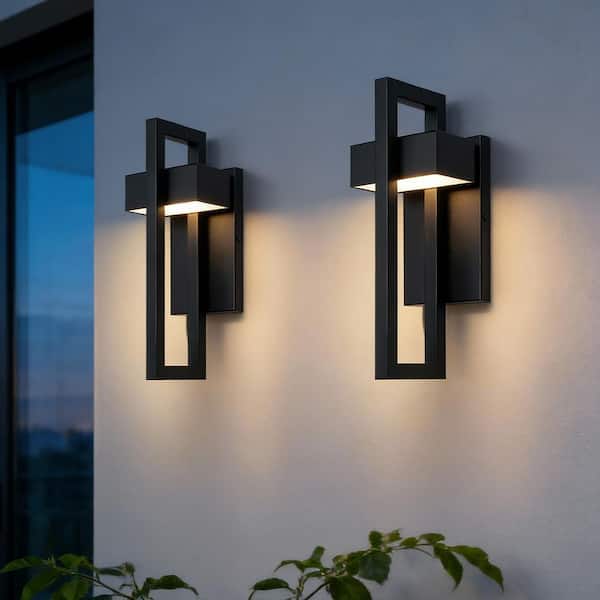 2-Pack Modern Black Metal LED Outdoor Wall Light Up and Down Exterior Rectangle Wall Sconce for Porch or Garden Entryway