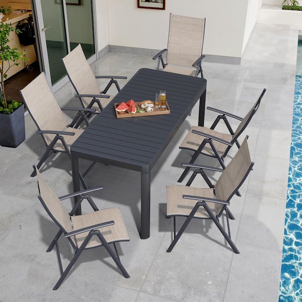 Gray 7-Piece Aluminum Rectangular Expandable Patio Outdoor Dining Set with Esspreso Adjustable Backrest Metal Chair