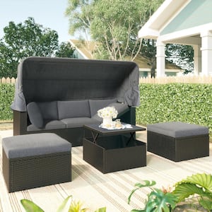 4-Piece PE Wicker Outdoor Day Bed with Gray Cushion and Retractable Canopy Patio Furniture Set Sectional Sofa Seating