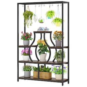 Wellston 70.9 in. Brown 5-Tier Wood and Metal Rectangle Plant Shelf, Tall Indoor Plant Stand with 10 Hanging Hooks