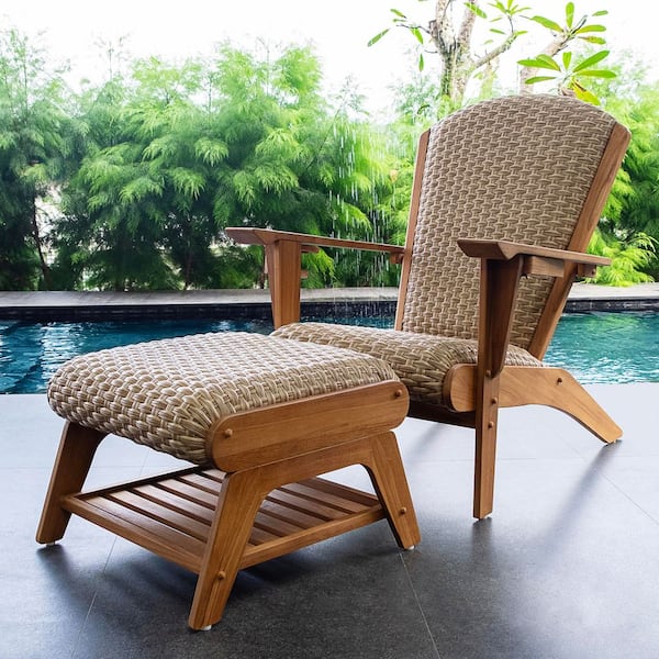 Luton 2-Piece Unfinished Teak Wood Outdoor Adirondack Chair and Ottoman with Padded Woven Seat and Patio Cover