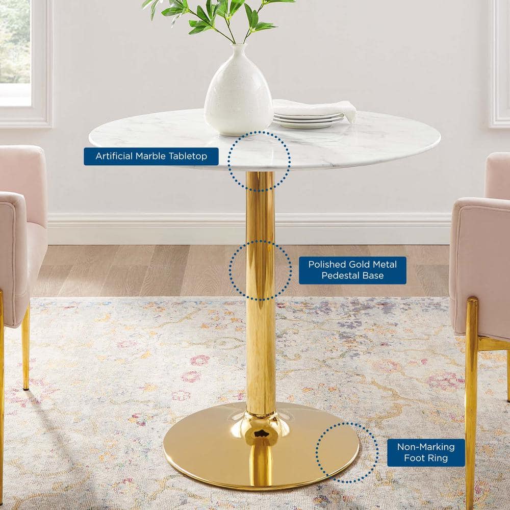 Verne 35" Round White Marble Dining Table with Gold Base