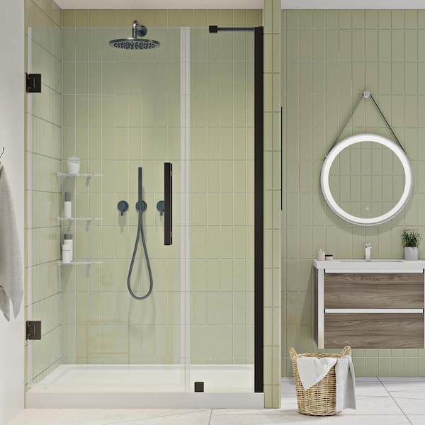 OVE Decors Tampa-Pro 38 in. L x 32 in. W x 75 in. H Alcove Shower Kit w/Pivot Frameless Shower Door in ORB w/Shelves and Shower Pan