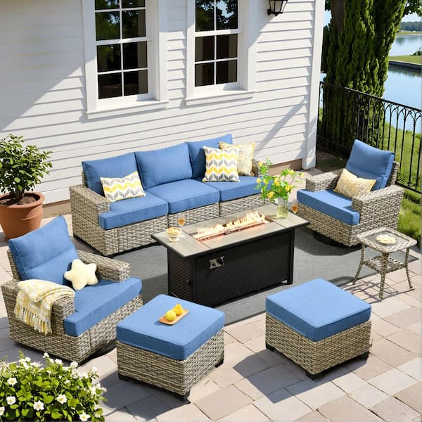 HOOOWOOO Kelleys 9-Piece Wicker Outdoor Patio Fire Pit Conversation Sofa Furniture Set with Swivel Chairs and Sky Blue Cushions
