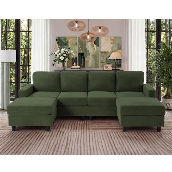 Lincoln 98.8 in. Square Arms 6-Piece Corduroy U-Shaped Modular Sectional Sofa in Green with 2 Ottomans