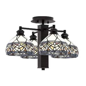 Albany 18.25 in. 4-Light Espresso Semi-Flush with Kaleidoscope Art Glass Shades