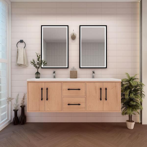 BV Better Vanity Victoria 59 in. W x 20 in. D x 22 in. H Double Sink Floating Bath Vanity in Red Oak with White Acrylic Top
