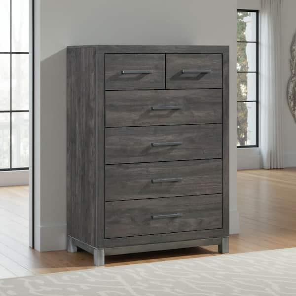 silver wood dresser Benjara 63 Inch Wide 6 Drawer Dresser, Crystal Like Knobs, Molded Details, Silver
