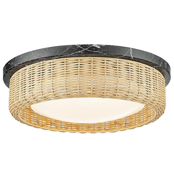 ZACHVO 15 in. 18-Watt Modern Rattan Black Integrated LED Flush Mount with White Acrylic Shade