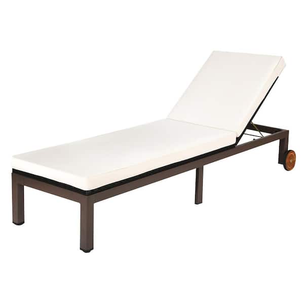 ANGELES HOME 1-Piece Metal Outdoor Chaise Lounge with Beige Cushion, 5-Position Adjustment and Wheels