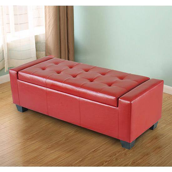 Bright Red Tufted Faux Leather Storage Footstool Bench