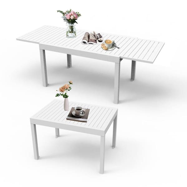 Sudzendf Ivory White Aluminum Extendable Outdoor Patio Dining Table with E-Coating for 4-6 Person