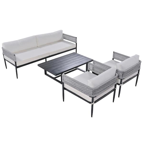 Afoxsos Light Luxury Style Beige 3-Piece Metal Outdoor Couch Suit with Beige Cushion & Coffee Table