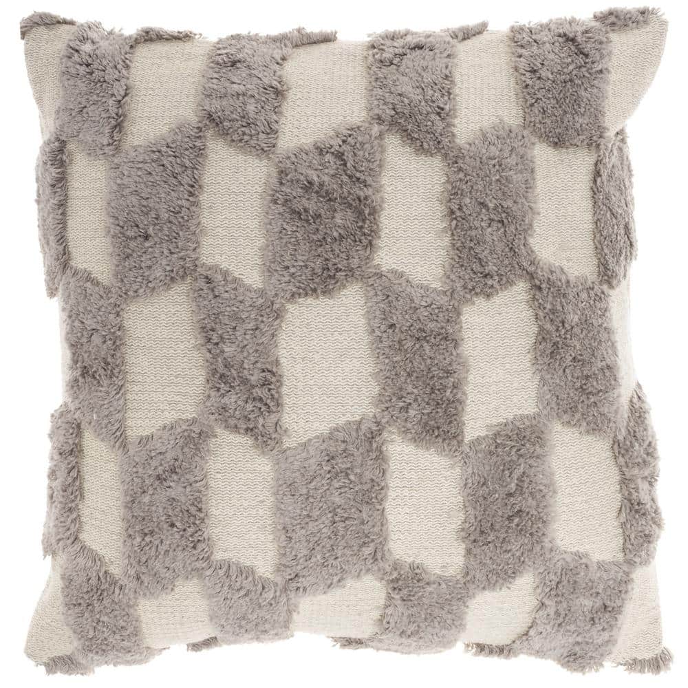 Light Gray and Ivory Tufted Geometric 18" Square Throw Pillow