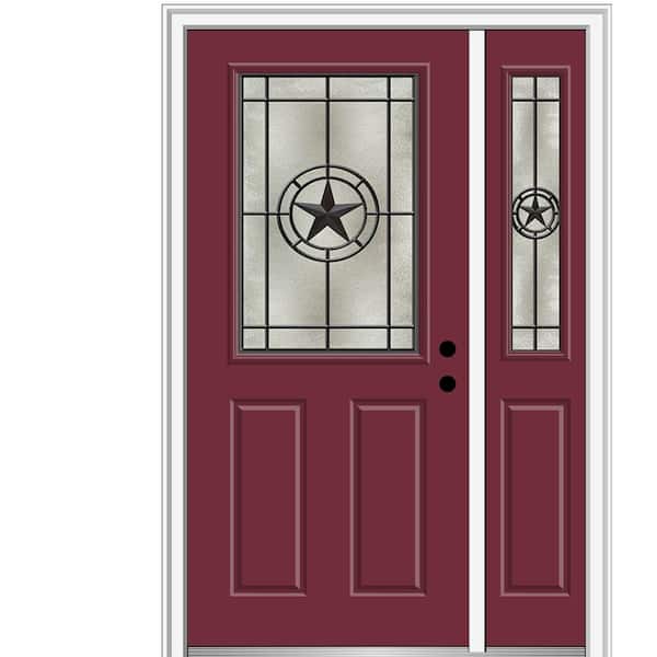 MMI Door Elegant Star 48 in. x 80 in. Left-Hand Inswing 1/2 Lite Decorative Glass Burgundy Painted Fiberglass Prehung Front Door
